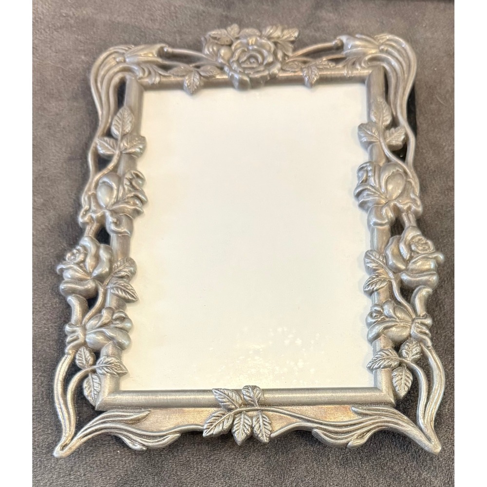 Picture Frame 3.5" x 5" Silver Pewter Tone Rose Floral Ornate Metal Cottagecore